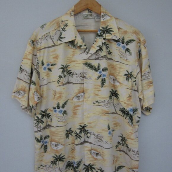 Vtg LL Bean Mens Medium Yellow Floral Palm Boat Rayon Cotton Hawaiian SS Shirt - Picture 1 of 12